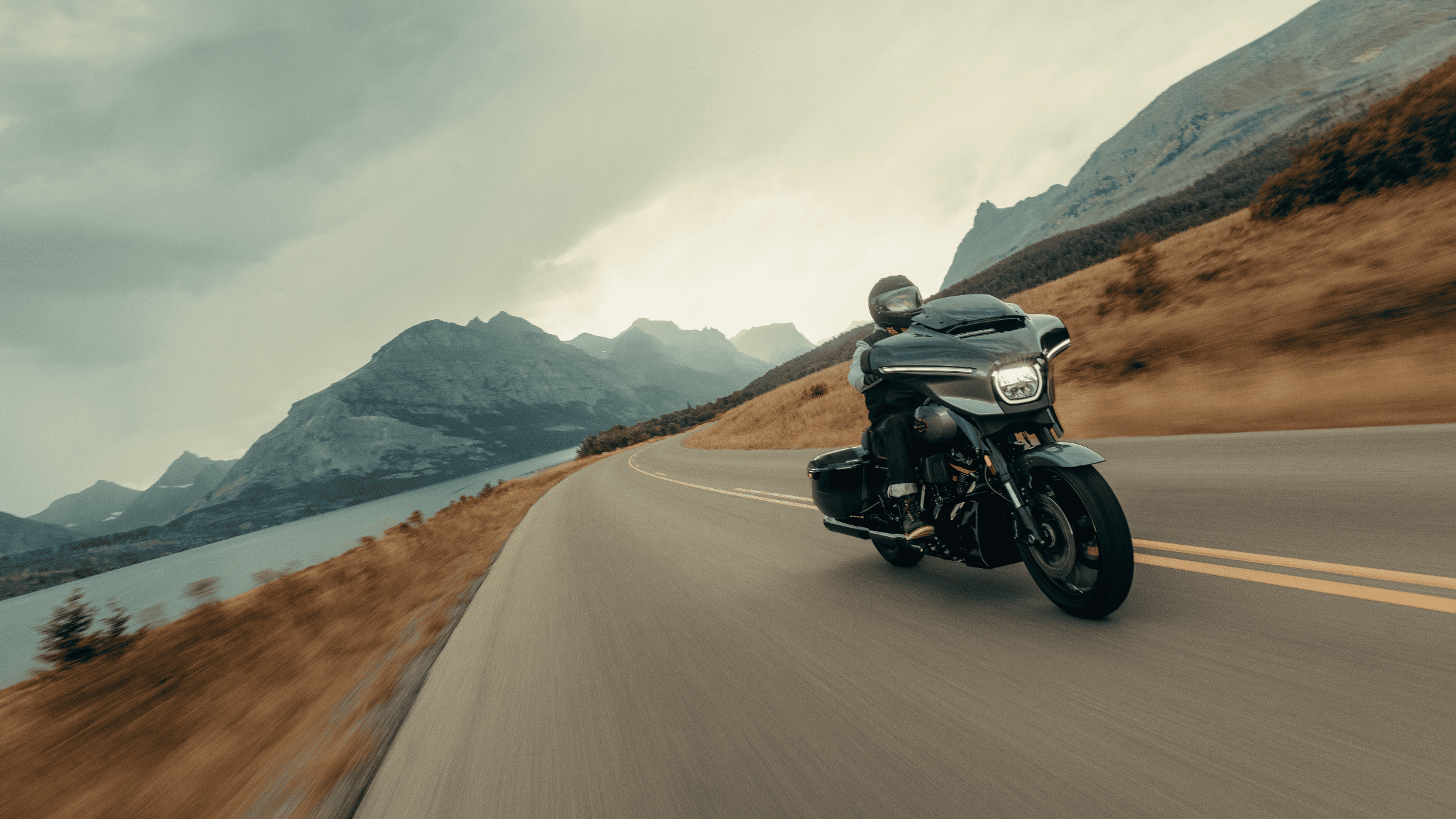 Rider cruising a 2025 Harley-Davidson® CVO™ Street Glide® through scenic roads near Stafford, TX with dynamic cornering posture.