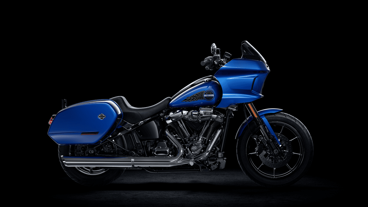 Blue 2025 Harley-Davidson® Low Rider® ST motorcycle on a black background, showcased at Stubbs Harley-Davidson® in Houston, TX.